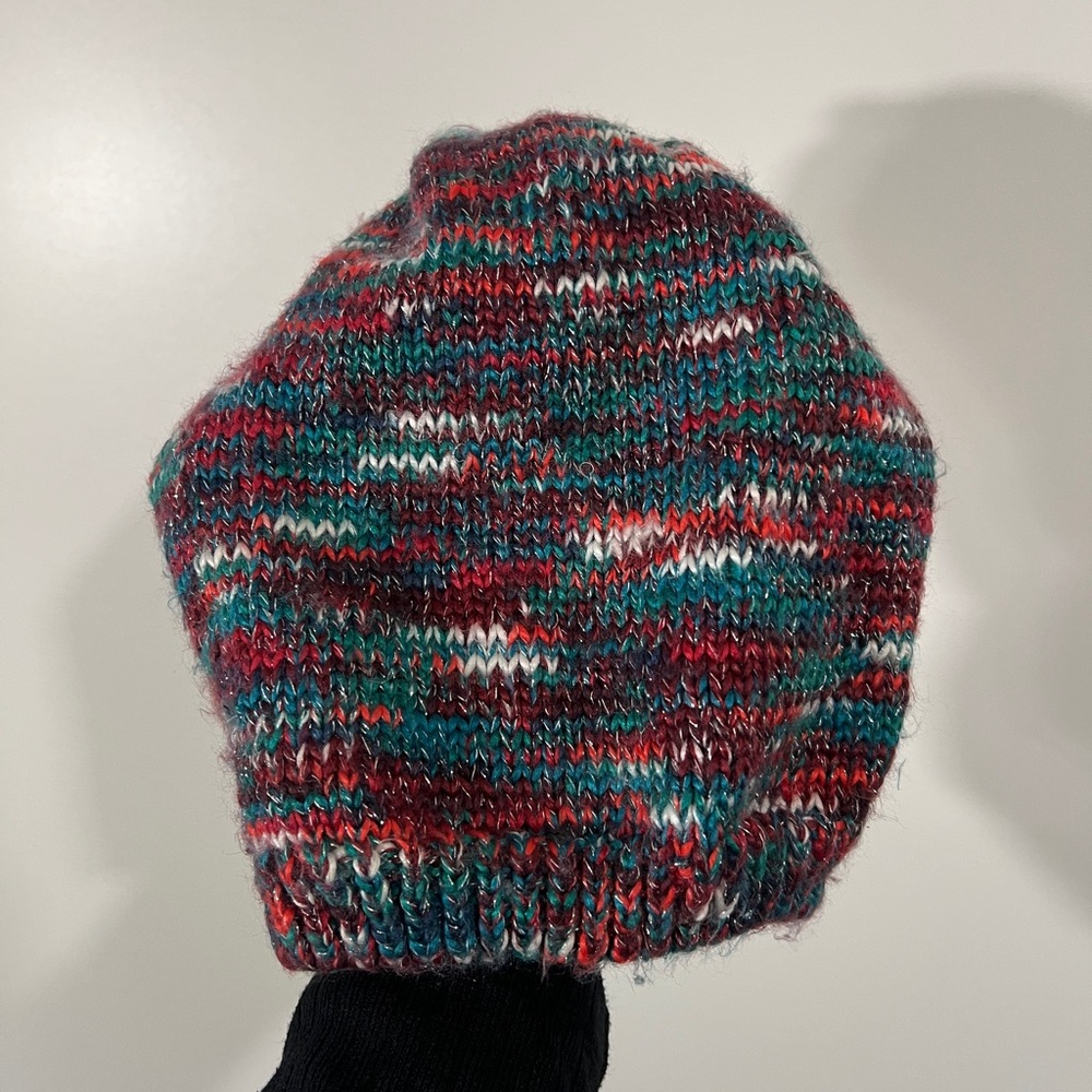 Trillium Slouchy Beanie Hat in Tinsel, Teal, White, Red, and Maroon One Size